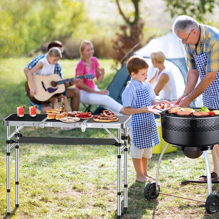 Кемпінговий стіл Anbte, розкладний стіл з алюмінію, 88x40 см (ДxШ) з 3 регульованими висотами, портативний стіл для пікніка з сіткою для зберігання, стіл-валіза, стіл для гриля, садовий стіл для кемпінгу, вечірок, пляжу (чорний)