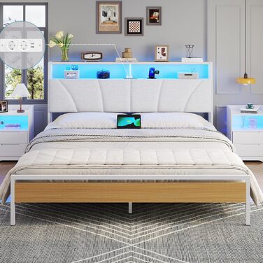 Ліжко 180x200 з металевою рейковою основою, двоспальне ліжко 180x200 см зі світлодіодним підсвічуванням, каркас ліжка 180x200 см з узголів&39ям та зарядною станцією (2 розетки змінного струму, 2 USB-порти) Сучасне, Білий Білий 180x200см