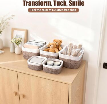 Невеликі кошики для зберігання з плетеної мотузки, 2 розміри, органайзер для шафи, полиці, книжкової полиці, дитячої кімнати, пеленального столика, тканинні коробки-кубики, прямокутні плоскі контейнери для ванної кімнати