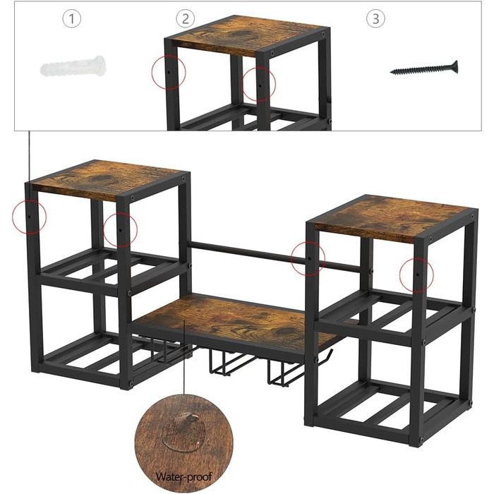 Настінна винна полиця VEDECASA промислового типу з 3 тримачами для парових келихів, часткова дерев&39яна полиця, чорний металевий тримач для пляшок, багатофункціональна винна вітрина для домашнього бару, їдальні, кухні, коричнева