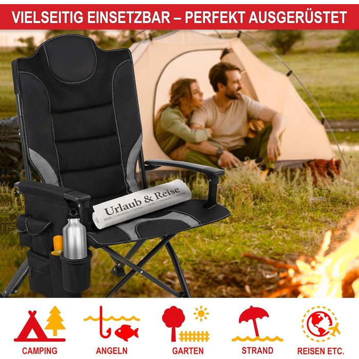 Складаний кемпінговий стілець, висока спинка, зручна оббивка з великим місцем для зберігання речей, підсклянник, 2 підлокітники, вантажопідйомність до 150 кг, компактний та легкий складний стілець із сумкою, чорний кемпінговий стілець