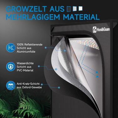 Повний набір наметів для вирощування Hon&Guan зі світлодіодною лампою для вирощування HG1000, намет для вирощування 60x60x160 см, намет для вирощування 150 мм, система вентиляції з фільтром з активованим вугіллям, трубчастий вентилятор, повний набір намет