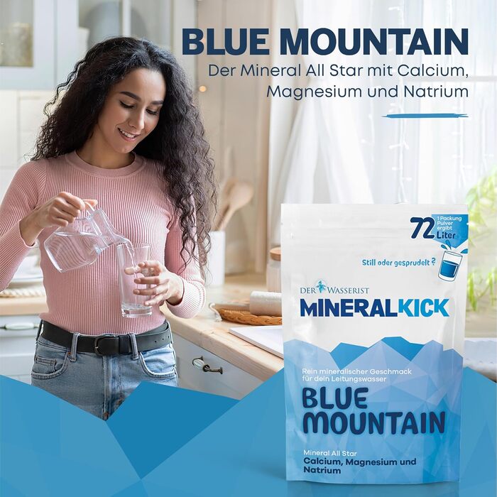 Для вашої водопровідної води - BLUE MOUNTAIN, мінерально збалансована кальцієм, магнієм і натрієм - становить 72 літри