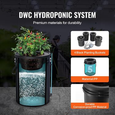 Система гідропонного вирощування DWC, глибоководна культура 5 галонів 4 відра, система гідропонного вирощування, набір для гідропонного вирощування з верхньою крапельницею, 4 пряжками та 1 резервуаром