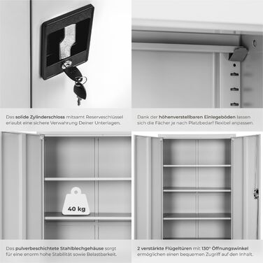 Картотечна шафа tectake, офісна шафа, що замикається, багатоцільова сталева шафа, універсальна шафа з 2 дверима, включаючи 3 полиці з регульованою висотою, картотечна шафа, що замикається, 180x80x40 см - сіра