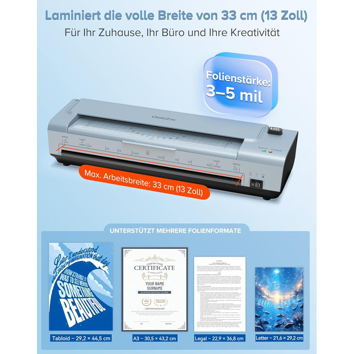 Дюймовий ламінатор A3/A4 з 20 пакетами для ламінування, гарячий та холодний ламінатор, ABS-пластик із захистом від застрягання, 10-в-1 ламінатор з різаком, тримером та закруглювачем кутів для офісу, школи та дому (синій), 13-