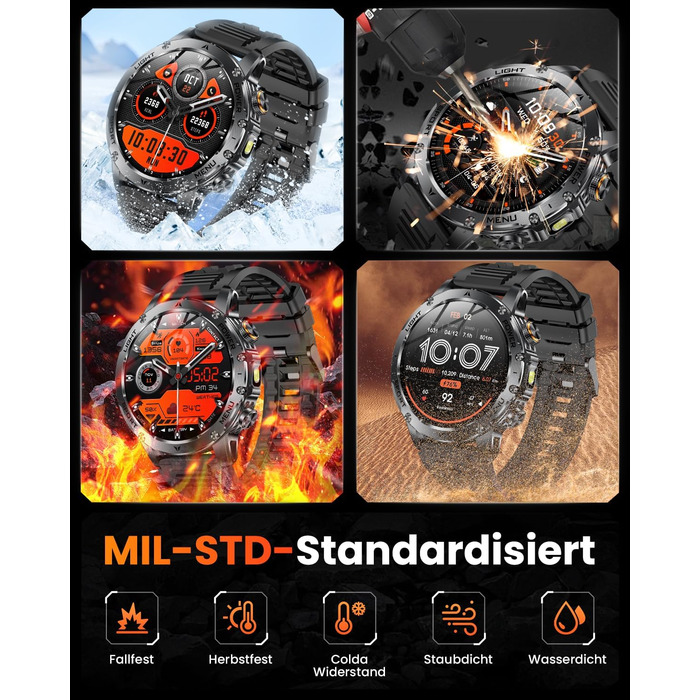 Чоловічий військовий смарт-годинник з акумулятором 1000 мАг, 1,7-дюймовий HD смарт-годинник/світлодіодний ліхтарик/водонепроникність IP68/пульсометр/SpO2/монітор сну/100 спортивних режимів, фітнес-годинник для iOS Android чорний