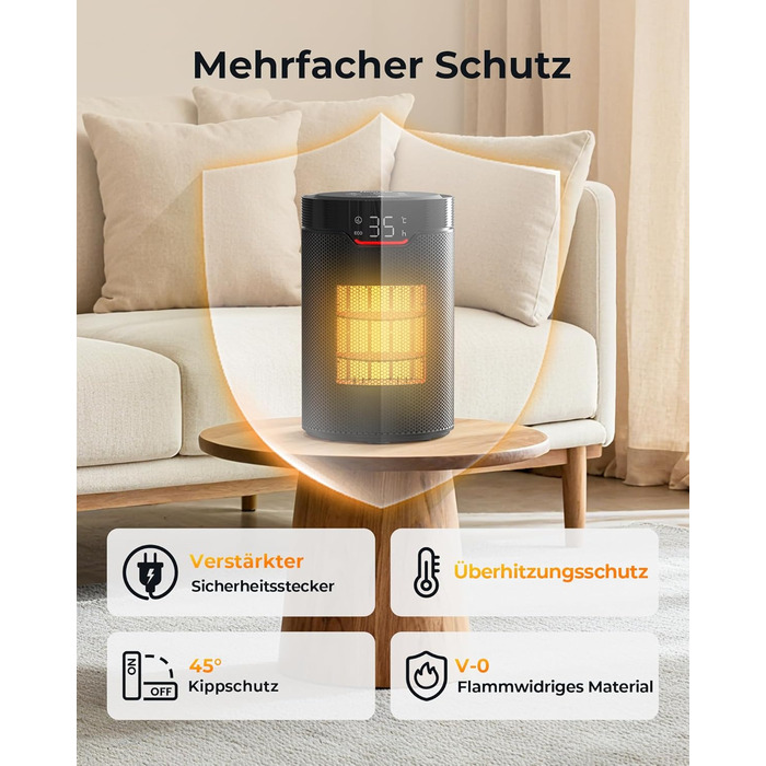 Енергозберігаючий вентилятор-обігрівач ПЕРЕМОЖЕЦЬ ТЕСТУ, невеликий ECO вентилятор-обігрівач потужністю 1500 Вт, тихий вентилятор-обігрівач з 24-годинним таймером, захистом від перекидання та перегріву