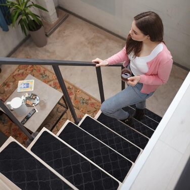 Сходинки для дерев&39яних сходинок, 15 шт. , 20,3 x 76,2 см, килим, сходова доріжка, для використання в приміщенні, нековзні килимки для сходів для дітей, людей похилого віку та домашніх тварин, 8x30 дюймів, квітковий/чорний 15