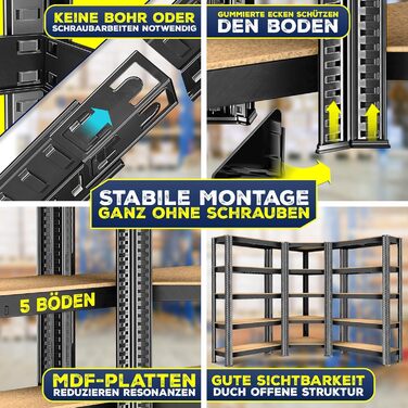 Комплект металевих стелажів MASKO з 3 предметів 1 кутова полиця та 2 стелажі, по 15 полиць кожен Полиця з МДФ панелей, вантажопідйомність 2625 кг, полиця для майстерні, полиця для підвалу, полиця для гаража, надміцні стелажі, стелаж без болтів, чорний