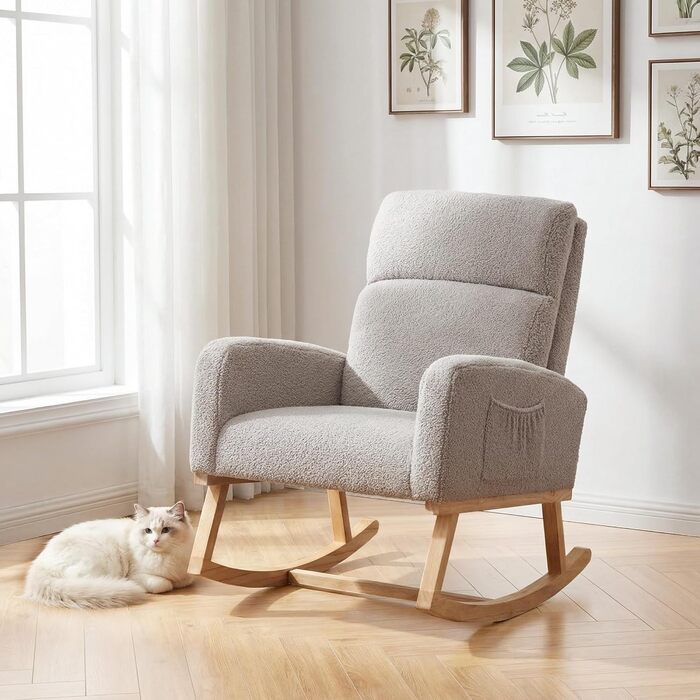 Крісло-гойдалка, крісло для годування, м&39яке крісло для годування з дерев&39яними ніжками та боковими кишенями, крісло-гойдалка з високою спинкою для годування грудьми у вітальні, спальні та дитячій кімнаті (світло-сірий ведмедик)