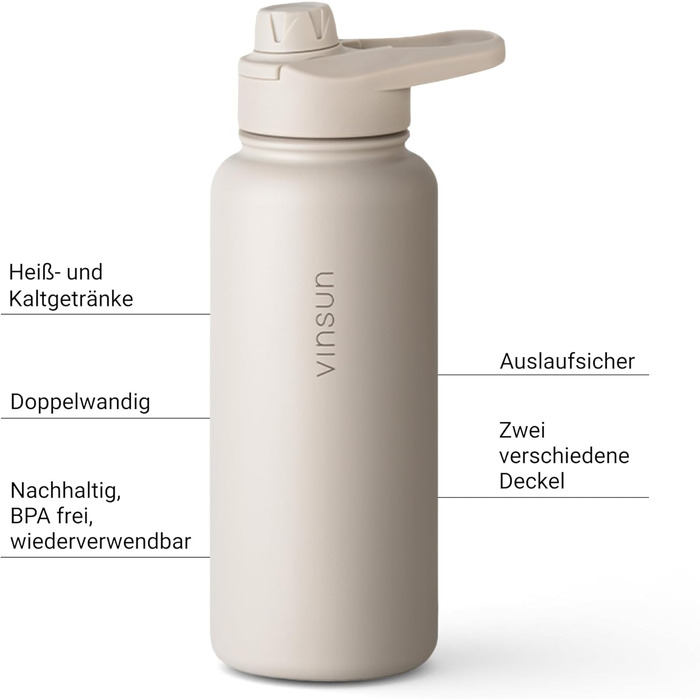 Пляшка для води Vinsun з нержавіючої сталі, бежева, 1 л - герметична, підходить для газованих напоїв, без BPA - трубочка, носик для пиття, термопляшка для спорту, активного відпочинку та школи, 1000 мл, бежевий