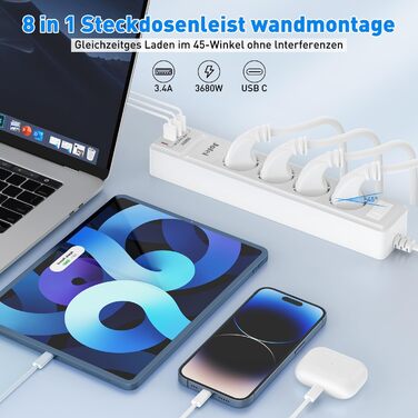 Мережевий фільтр 8 n 1 розетка з USB, 3680 Вт з вимикачем, захист від перенапруги 16А, багатоконтактна вилка з 2 розетками USB C д