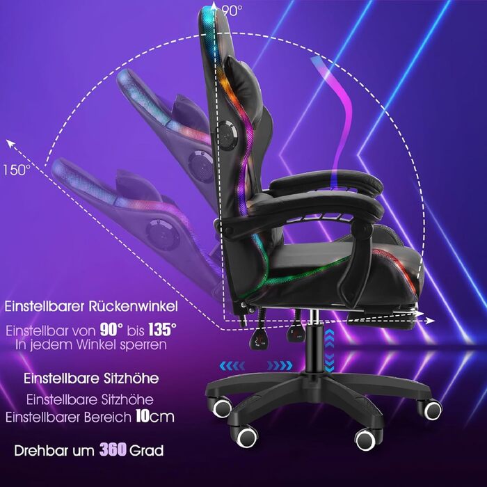 Ергономічне ігрове крісло з RGB-підсвічуванням 12 кольорів, ігрові крісла для дорослих з підставкою для ніг, підголівником та підлокітниками, крісло для ПК зі штучної шкіри, ігрове крісло з регульованою висотою для офісу та дому, чорний
