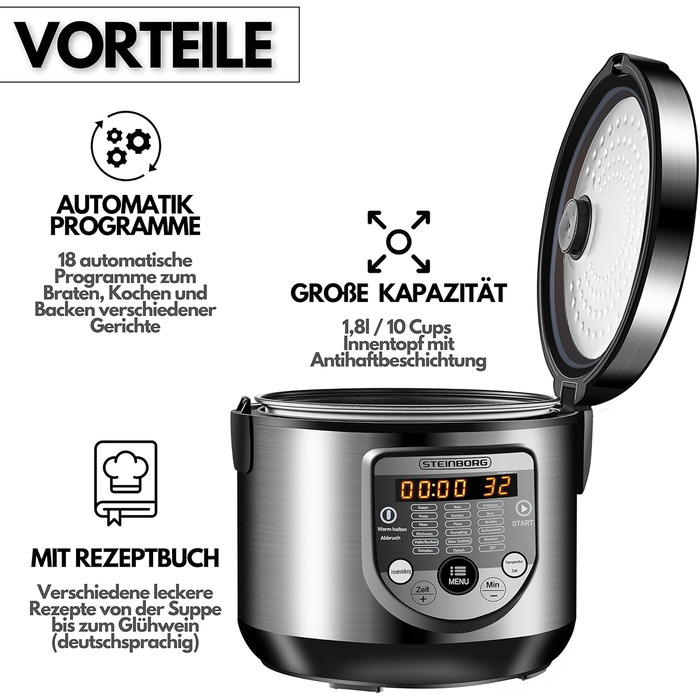 Мультиварка 18в1 Повільна плита 900 Вт 5 літрів Рисоварка Відпарювач Підігрівач їжі Сотейник Йогуртниця Мультипіч Скороварка Гаряча плита Плита