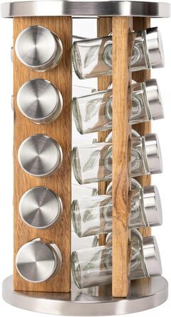 Обертова карусель для спецій з 20 баночками для спецій - Кругла карусельна підставка для спецій - Органайзер для спецій - Підставка для спецій з нержавіючої сталі та дерева - Обертова карусель для спецій - Дерев&39яна підставка для спецій 20 x 20 x 31 см