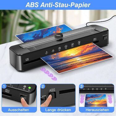 Ламінатор A3 з системою захисту від застрягання ABS, ламінатор з 30 аркушами ламінувальних пакетів для A3, A4, A5, A6 - Універсальний гарячий/холодний ламінатор для офісу, дому та школи