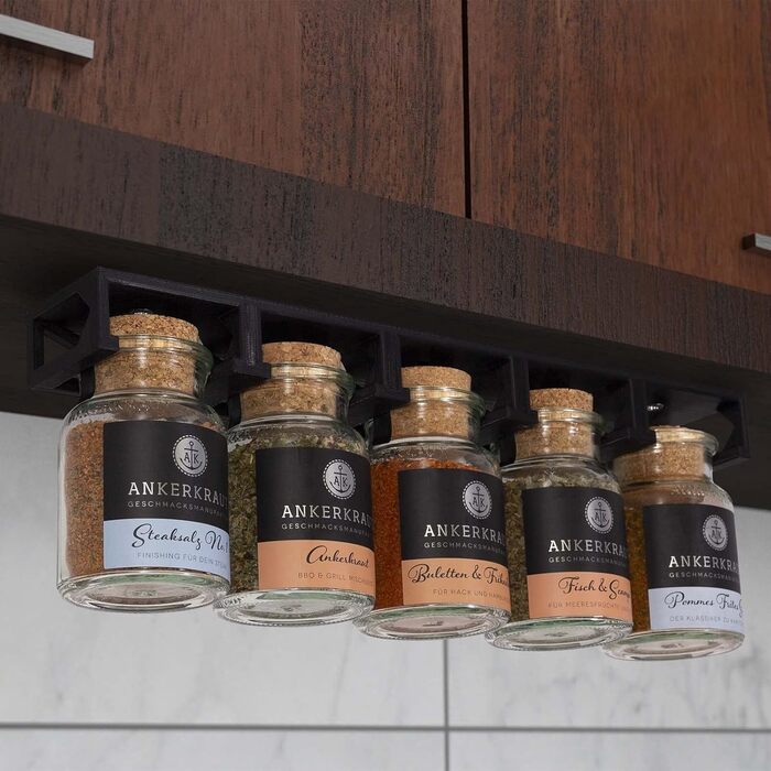 Підставка для спецій Mobilefox під шафу, підходить для 5 банок для спецій Ankerkraut з корком, чорна. Для 5 банок для спецій.