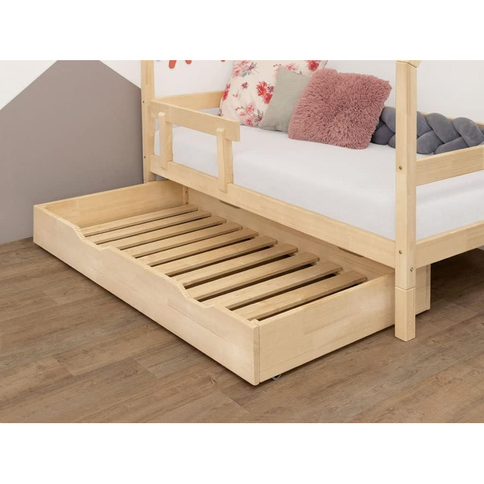 Набір Будинок двоярусне ліжко Monty 90x200 см з дерев'яною шухлядою Buddy 90x180 см на колесах Прозоре восковане ліжко будиночок з