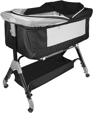 Дитяче ліжечко 3-в-1, дитяча колиска та дорожнє ліжечко, 4-рівневе регулювання висоти дитячого ліжечка, відкидне крісло, ліжечко, колиска для дітей вагою до 25 кг - 104 x 52 x 100-110 см - чорний колір