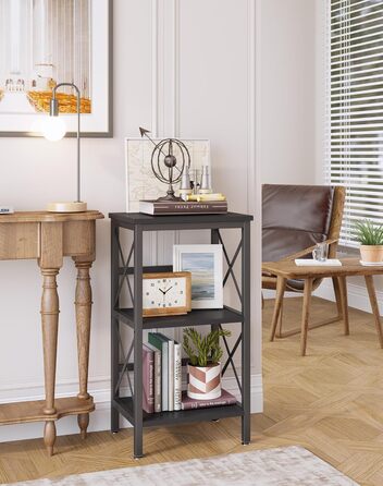 Книжкова полиця YMYNY, окремостояча полиця з 3 полицями, міцна X-подібна рама, регульовані ніжки, легке складання, 402975 см, для вітальні, спальні, кухні, кабінету, ванної кімнати, чорна HST008B