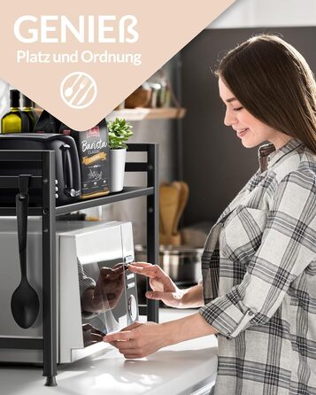 Полиця для мікрохвильової печі, кухонна полиця, стояча, сталь (2-рівнева) Полиця для мікрохвильової печі, шафа для мікрохвильової печі Полиця для зберігання, полиця для пекарні, регульовані по висоті та довжині полиці відеоінструкції, гачки - Чорний, 2-рі