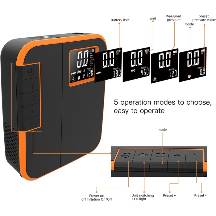 Акумуляторний компресор Woowind, електричний повітряний насос для автомобіля та велосипеда електричний, 150 PSI, включаючи адаптер Presta, Schrader і Dunlop для велосипеда Dp3-помаранчевий