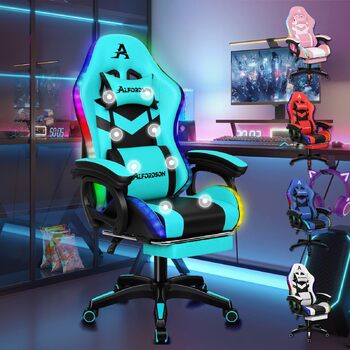 Ігрове крісло ALFORDSON, світлодіодне гоночне ігрове крісло з 12-кольоровим RGB-підсвічуванням, масажне ігрове крісло з поперековою опорою, підставкою для ніг, матеріал PU, блакитний колір Marc - серія Cyan Marc