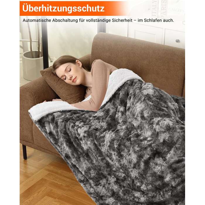 Електрична ковдра LinTimes з автоматичним вимкненням, 6 температурних режимів, 10 годин автоматичного вимкнення, електрична ковдра з PV оксамиту та шерпа-флісу, яку можна прати, 180 x 130 см, сірого кольору