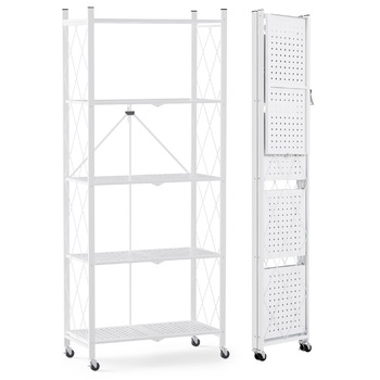 Складана полиця ALANNG на колесах - Окремостояча полиця з 5 полицями, Металева книжкова полиця - Міцна та без складання - Для кухні, вітальні, підвалу, офісу - Біла 154 x 62 x 29,5 см