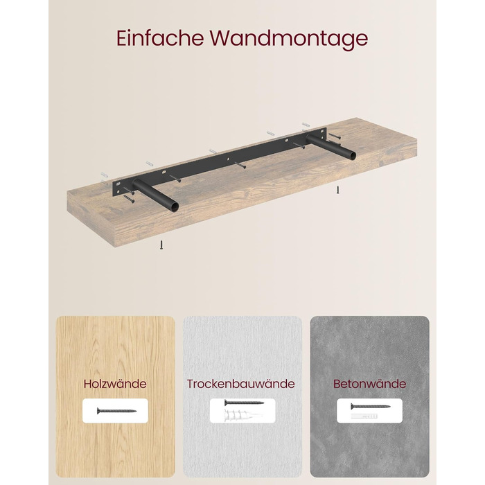 Настінна полиця VASAGLE, Плаваюча полиця, 20 x 80 x 3,8 см, Настінна полиця для рамок для картин, Декор, для вітальні, кабінету, кухні, Рустикальний коричневий LWS28BX Комплект з 1 предмета (80B см) Вінтажний коричневий