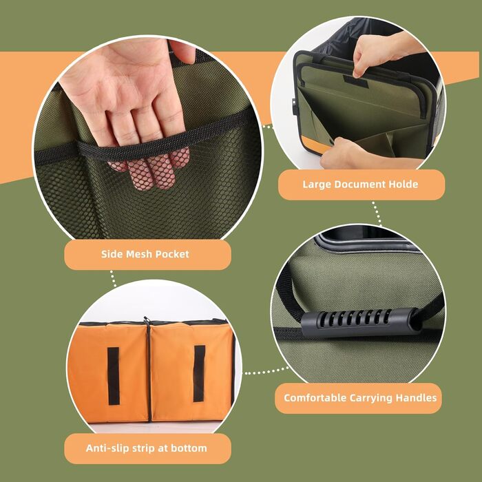 Органайзер для багажника авто, міцний органайзер для зберігання з антиковзним покриттям, об'єм 95 л, вантажний органайзер для позашляховиків, пікапів, седанів, водонепроникний, портативний, зелено-помаранчевий