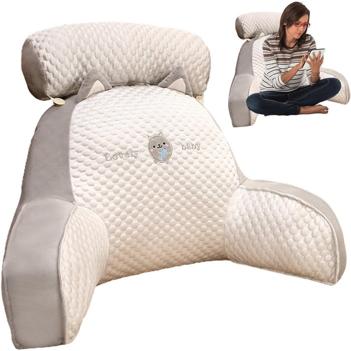 Подушка для читання, подушка для ліжка зі знімним потиличним валиком та підлокітником для сидіння в ліжку, дивані або підлозі, спинка, подушка для спини ліжка, подушка для підтримки спини для дорослих, подушка для спини для читання та перегляду телевізора