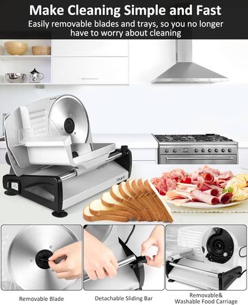 Електричний нарізувач їжі потужністю 200 Вт з нержавіючої сталі - регульований кухонний комбайн від 0 до 15 мм - 2 леза - Слайсер для ковбаси - Нарізка для хліба, Шинка, електричний ніж М'ясо та сир 2 леза срібло 200 Вт Потужність