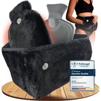 Пояс для грілки KUNU Original - Преміальна довга грілка з поясом - Пояс для нагрівання під час менструації 130 см - Плюшева грілка з кришкою - Пояс для грілки з подарунковою упаковкою, пухнастий чорний