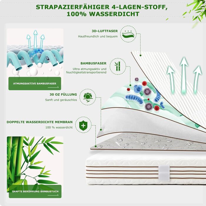 Наматрацник GRT 140x200 см, водонепроникний наматрацник з бамбукового 3D повітряного бамбукового волокна, захисний чохол для матраца на ремені, підходить для матраців висотою до 30 см, 140 200 см