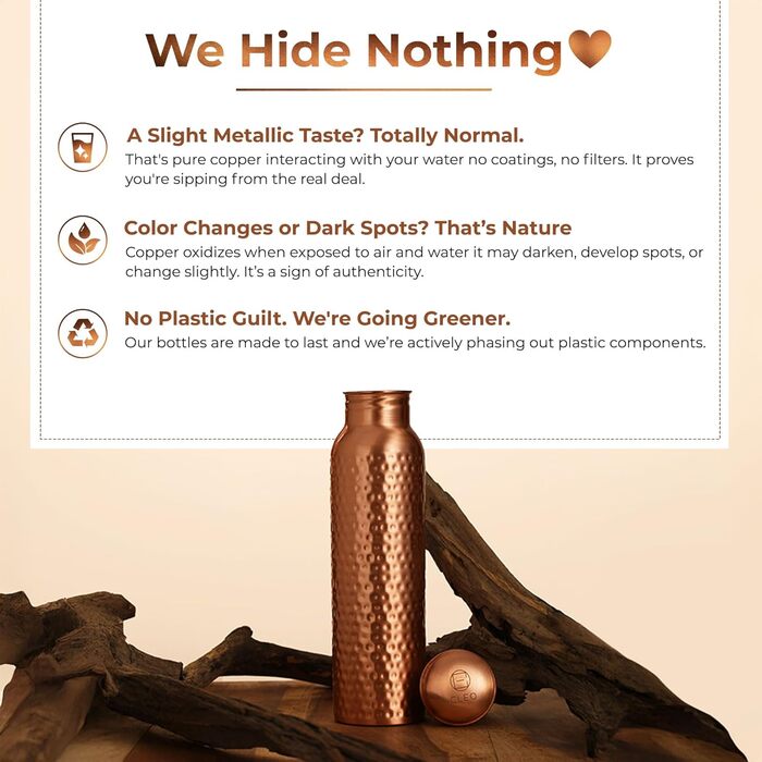 Пляшка для води CLEO HOME (950 мл/32 унції) ручної роботи, кувана, зі 100 аюрведичної міді, зі щіткою для чищення та лляним чохлом Перевірена в лабораторії, герметична пляшка, класична