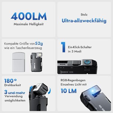 Світлодіодний акумуляторний ліхтарик WUBEN G5 - міні-брелок RGB 400 люмен, багатофункціональний магнітний USB EDC, водонепроникний ліхтарик з 6 режимами для кемпінгу, використання на свіжому повітрі, чорний