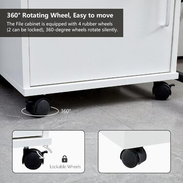 Шафа для документів на колесах із замком, дерев&39яна, з шухлядою та закритим місцем для зберігання, мобільна шафа під столом для паперу та папок формату А4, біла, 1 шухляда 1 дверцята для зберігання