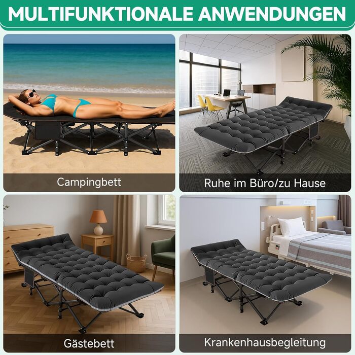 Шезлонг, розкладне ліжко 198x81 см, туристичне ліжко, гостьове ліжко, розкладне крісло-шезлонг, вантажопідйомність 200 кг, садовий шезлонг з матрацом, бічною кишенею та підголівником, розкладне ліжко для кемпінгу в приміщенні/на вулиці (чорне), розкладне 
