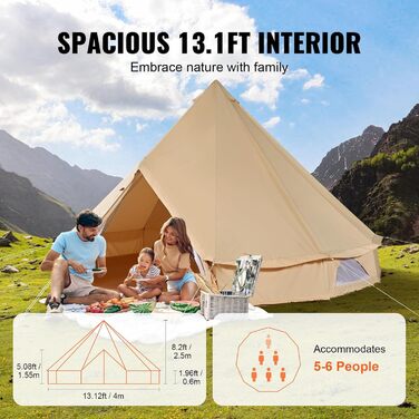 Намет-юрта VEVOR Bell Tent 3-7 м, підходить для 6-12 осіб, виготовлена з бавовни TC та має міцні залізні стійки з ПВХ підлогою. Кемпінговий намет-дзвін з парусини.