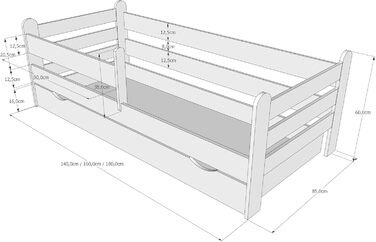 Дитяче ліжко Kids Collective 80x180 з матрацом, захистом від падіння та рейковою основою білого кольору, підходить для дівчаток, хлопчиків та підлітків.