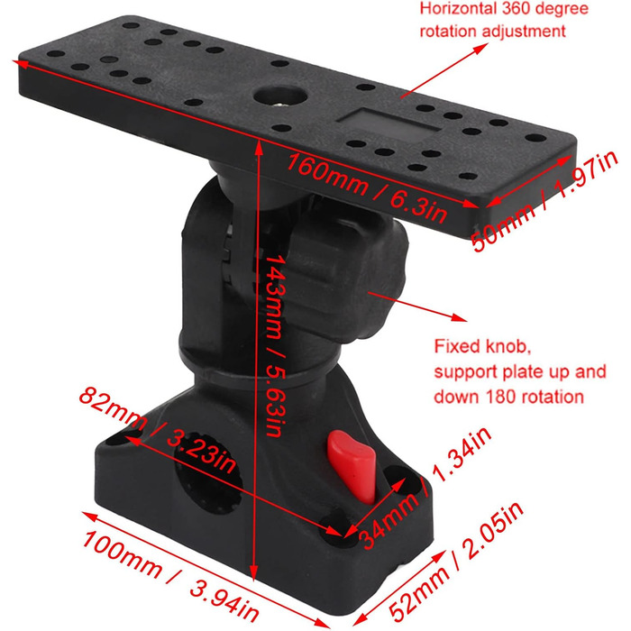 Кронштейн ехолота, обертання на 360 градусів, універсальна монтажна пластина, кронштейн ехолота морської електроніки для човнів, байдарок, електроніки GPS, ехолота та глибиноміра (чорний)