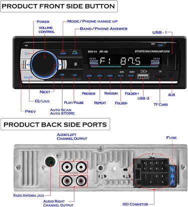 Автомобільна стереосистема Andven з Bluetooth гучного зв'язку, 1 DIN MP3-медіаплеєр/FM-радіо, підтримує карти AUX/TF/два USB