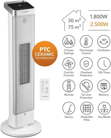Керамічний тепловентилятор TROTEC TFC 25 E - Теплова потужність 1800 Вт / 2500 Вт - Обігрівач з термостатом, розмір приміщення від