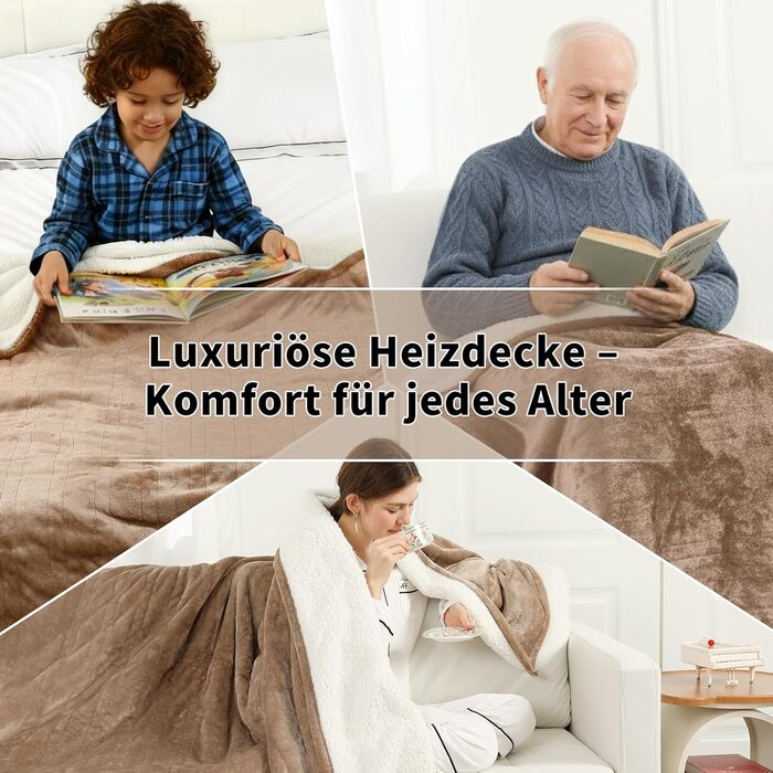 Ковдра з підігрівом 180x130 см, Ковдра з підігрівом та автоматичним вимкненням, 6 налаштувань нагріву, 10-годинний таймер, захист від перегріву, м&39яка фланель та шерпа, можна прати в пральній машині, Ковдра з підігрівом для дивана, ліжка, офісу, бежевий