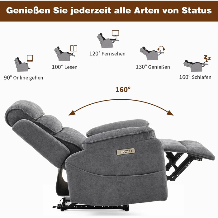 Крісло-реклайнер для телевізора LEADZM з бездротовою зарядкою, 1 порт USB, 1 порт зарядки USB-C, розкладне крісло для телевізора з масажем та підігрівом, бічні кишені, підсклянник (темно-сірий)