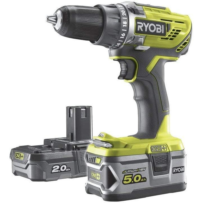 Акумуляторний дриль-шуруповерт Ryobi 2-швидкісний, з 2-ма акумуляторами (2,0 і 5,0 Ач) і швидким зарядним пристроєм, час заряджанн