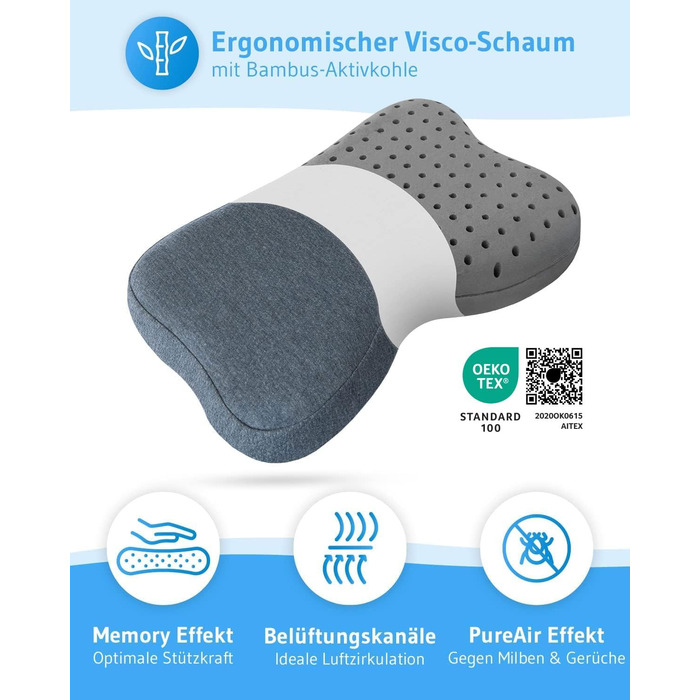 Подушка Third of Life Recovery Quickdry Side Sleeper Pillow подушка для шийного відділу хребта та шиї для сну на спині та боці, ергономічна піна з ефектом пам&39яті з бамбуковим активованим вугіллям, швидковисихаюча та терморегулююча, колір антрацит