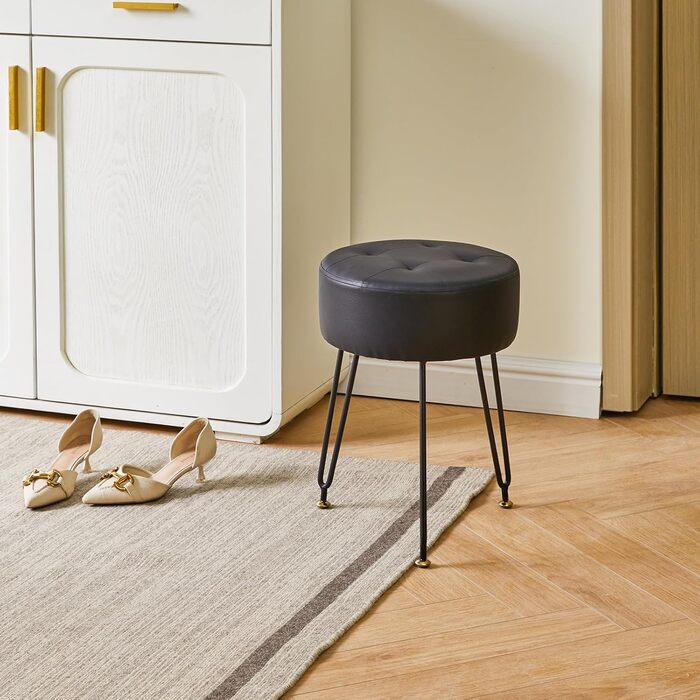 Круглий стілець-підніжка IBUYKE зі штучної шкіри, бічний столик для макіяжу, сидіння для туалетного столика з ПУ, пуф-табурет, золотисті сталеві ніжки, чорний колір L/G-31B PU чорний